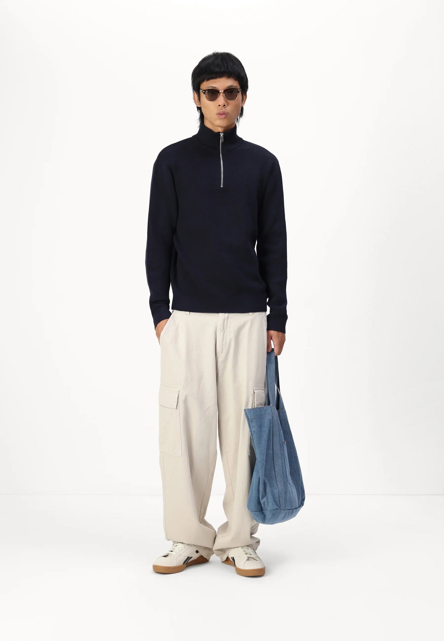 Textured Comfort Jumper with High Neck and Zipper - Navy Blue