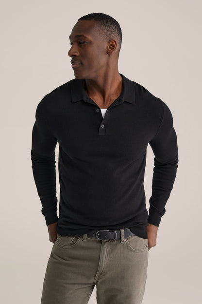 Long Sleeve Fine Knit Polo Shirt - Black