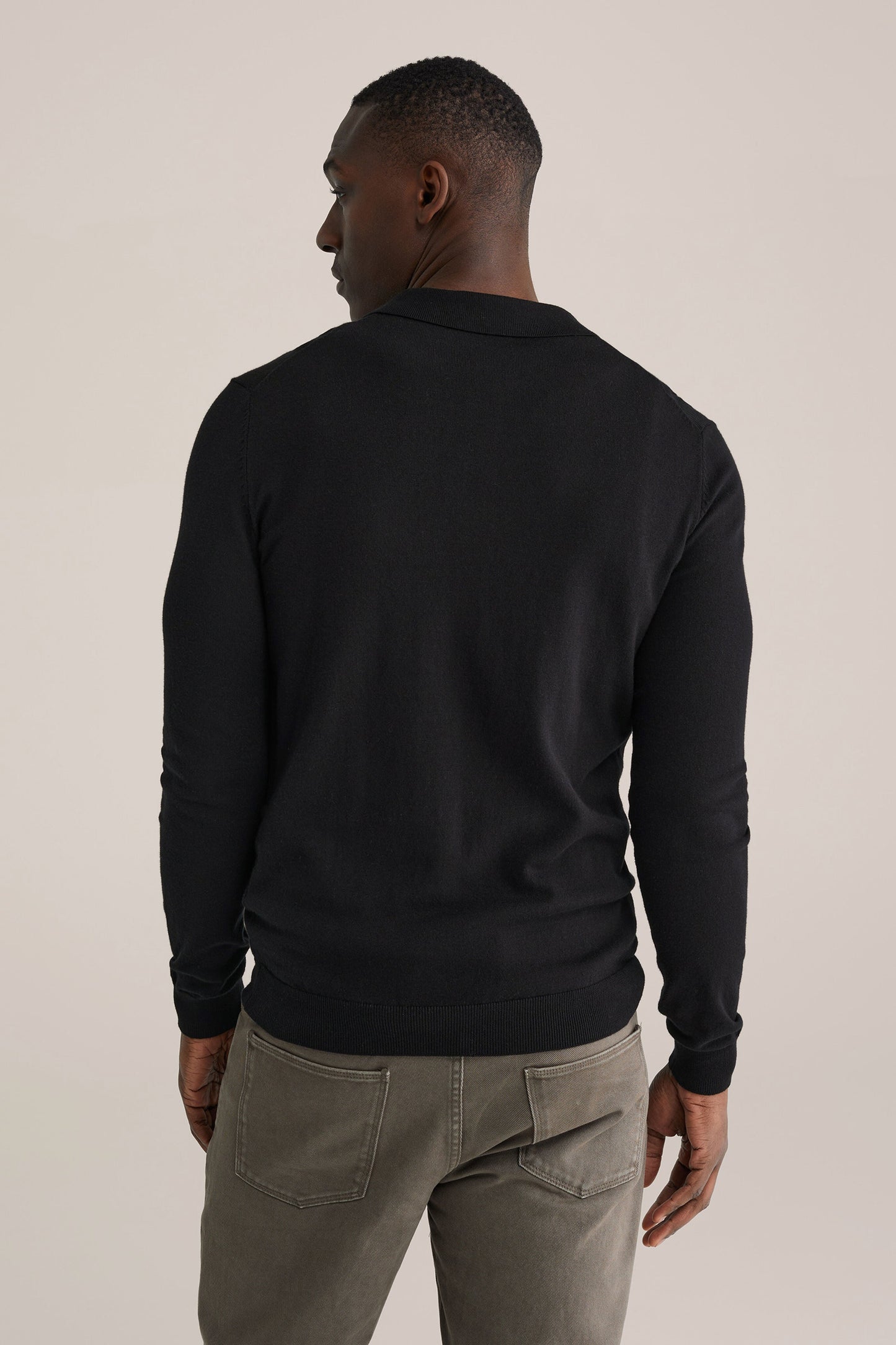 Long Sleeve Fine Knit Polo Shirt - Black