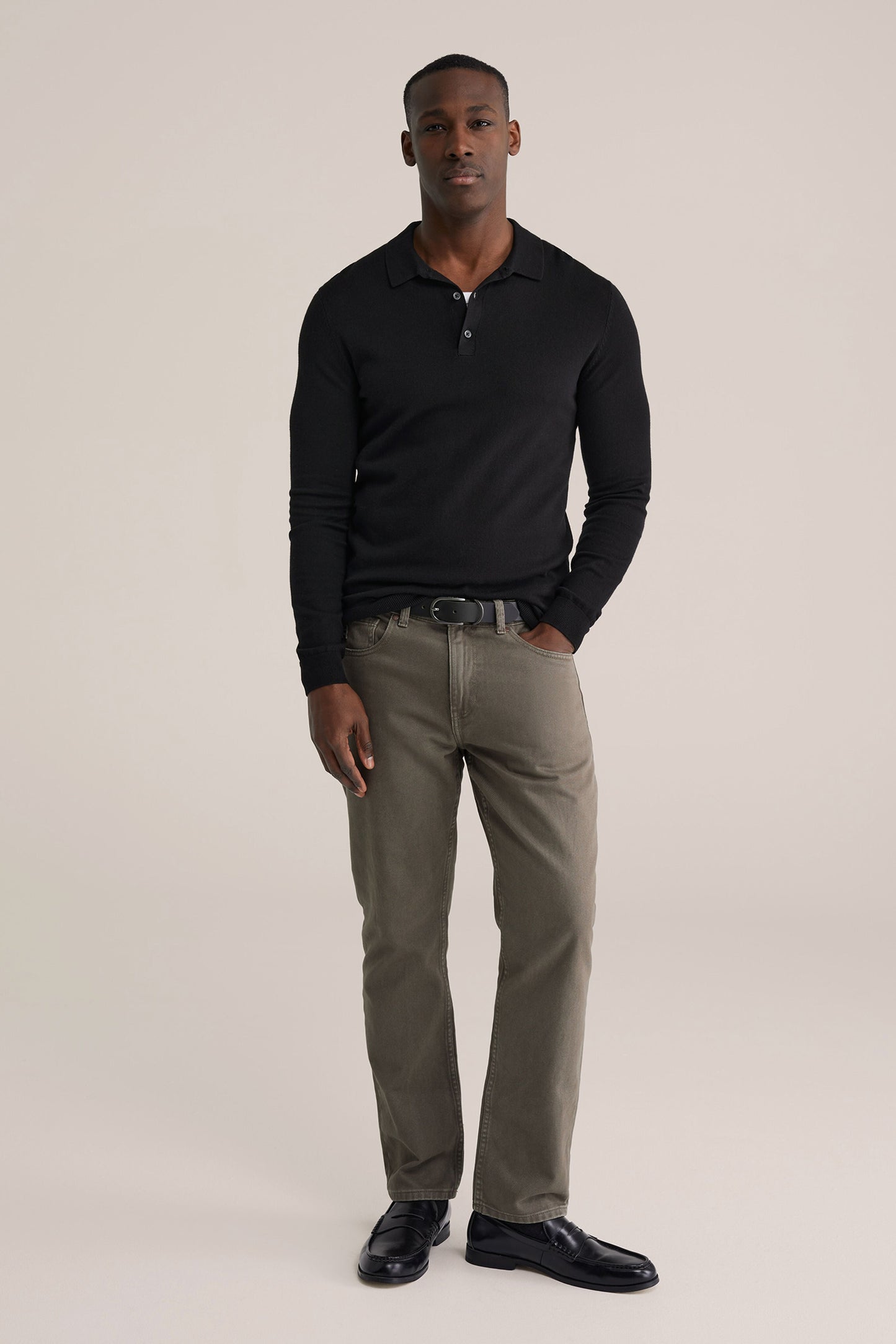 Long Sleeve Fine Knit Polo Shirt - Black