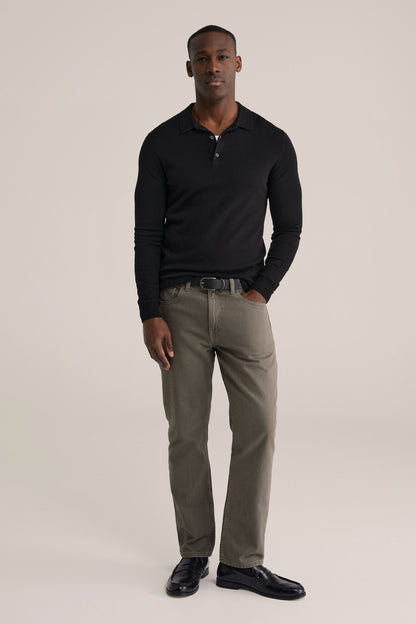Long Sleeve Fine Knit Polo Shirt - Black