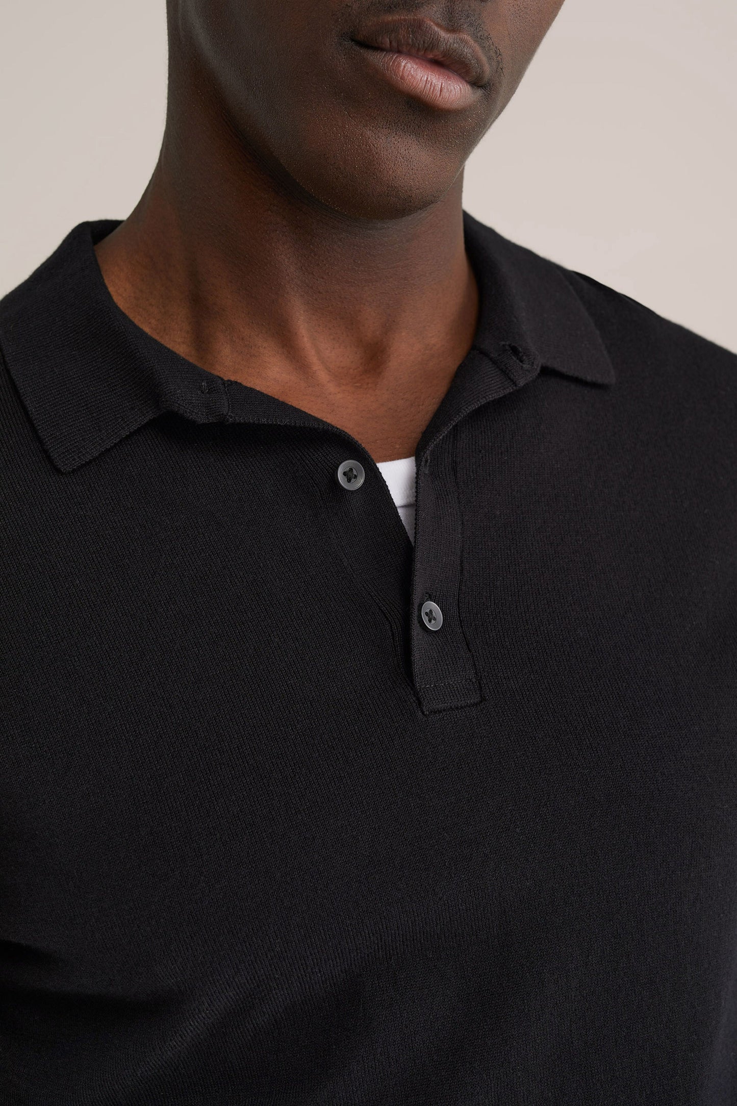 Long Sleeve Fine Knit Polo Shirt - Black