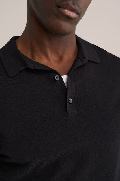 Long Sleeve Fine Knit Polo Shirt - Black