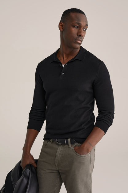 Long Sleeve Fine Knit Polo Shirt - Black