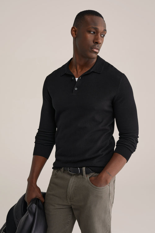 Long Sleeve Fine Knit Polo Shirt - Black