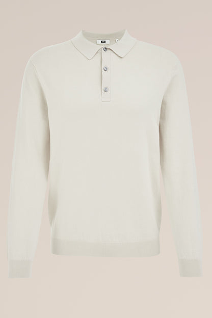 Long Sleeve Fine Knit Polo Shirt - Off White