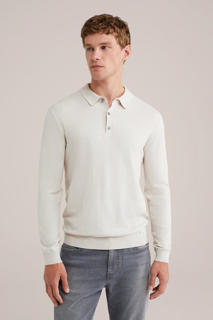 Long Sleeve Fine Knit Polo Shirt - Off White