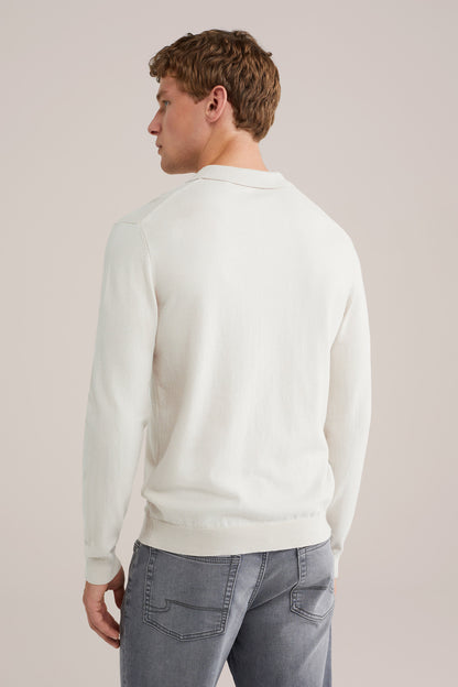 Long Sleeve Fine Knit Polo Shirt - Off White