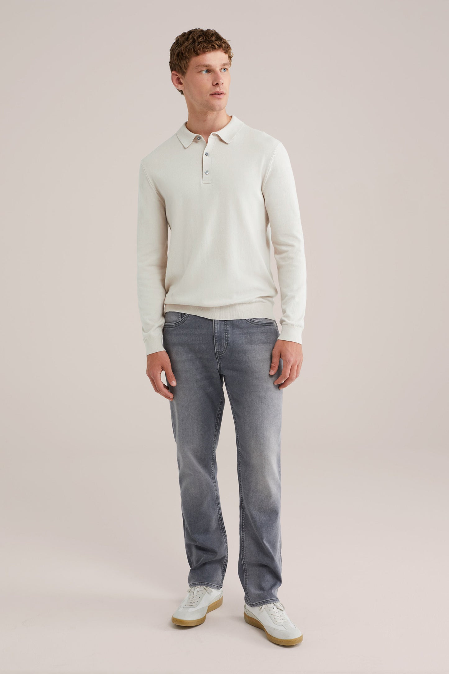 Long Sleeve Fine Knit Polo Shirt - Off White