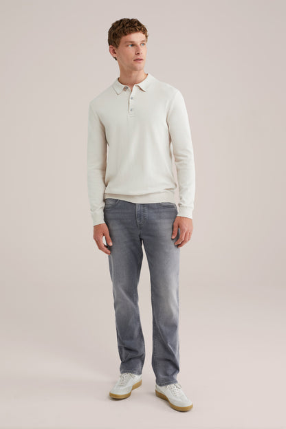 Long Sleeve Fine Knit Polo Shirt - Off White