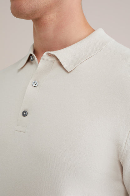 Long Sleeve Fine Knit Polo Shirt - Off White
