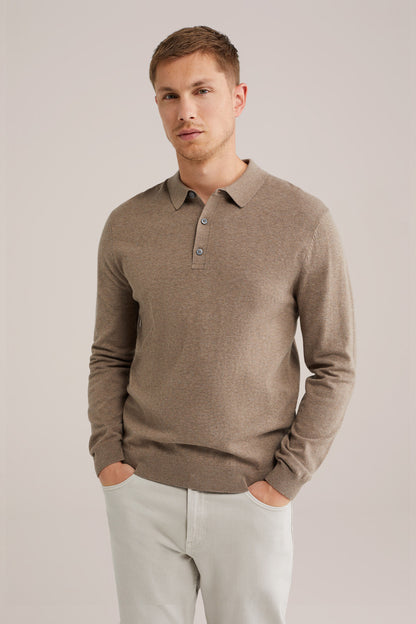 Long Sleeve Fine Knit Polo Shirt - Brown