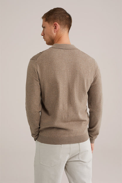 Long Sleeve Fine Knit Polo Shirt - Brown