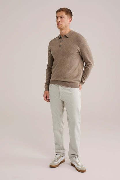 Long Sleeve Fine Knit Polo Shirt - Brown