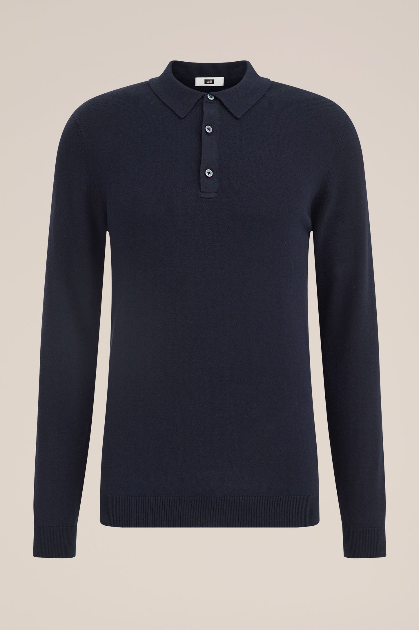 Long Sleeve Fine Knit Polo Shirt - Navy Blue