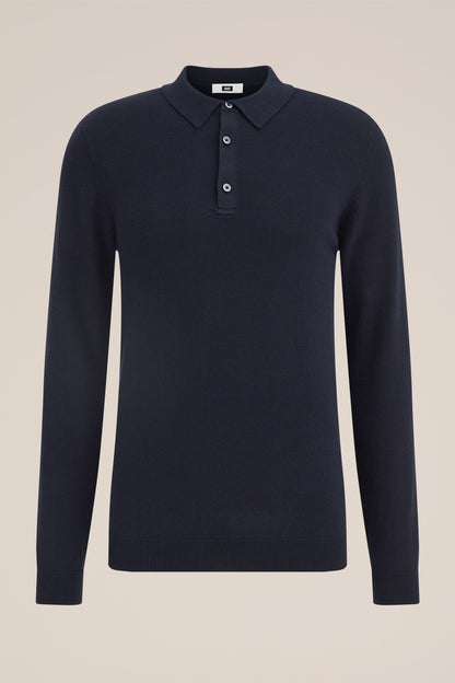 Long Sleeve Fine Knit Polo Shirt - Navy Blue