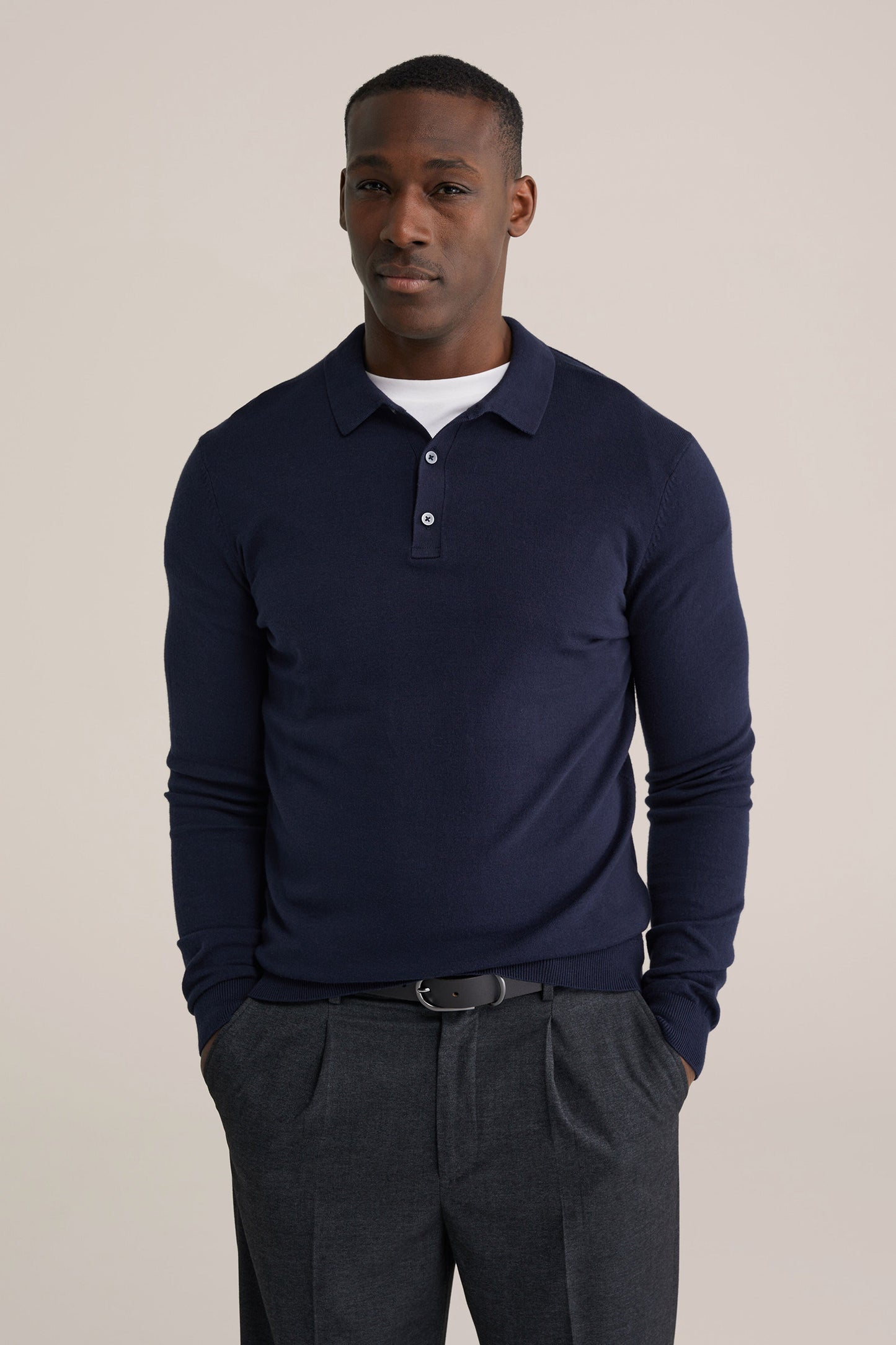 Long Sleeve Fine Knit Polo Shirt - Navy Blue