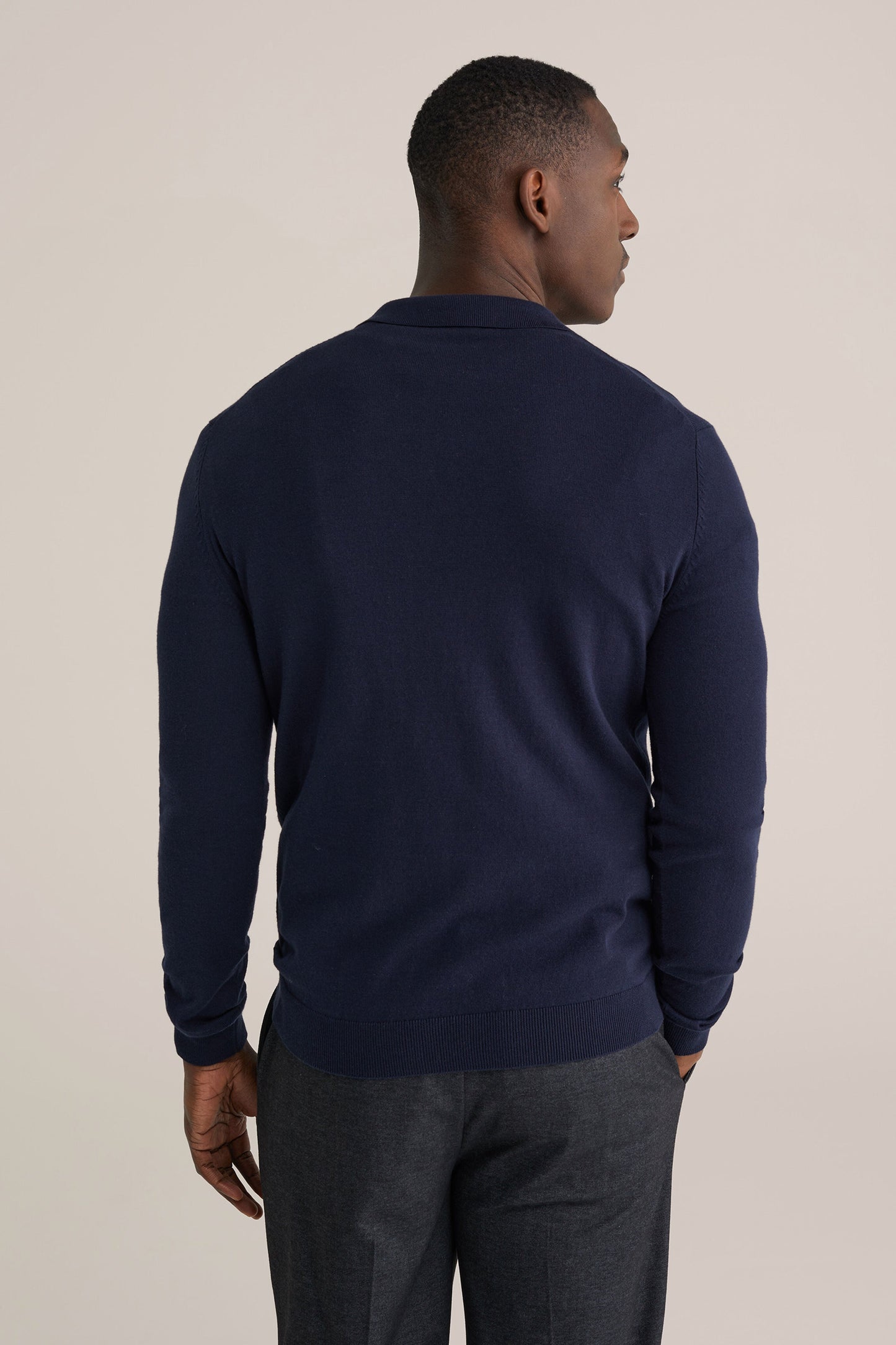Long Sleeve Fine Knit Polo Shirt - Navy Blue