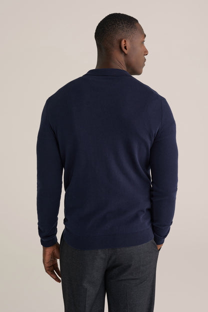 Long Sleeve Fine Knit Polo Shirt - Navy Blue