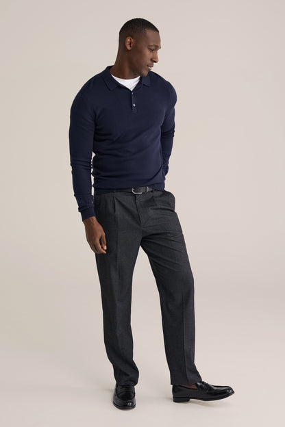 Long Sleeve Fine Knit Polo Shirt - Navy Blue