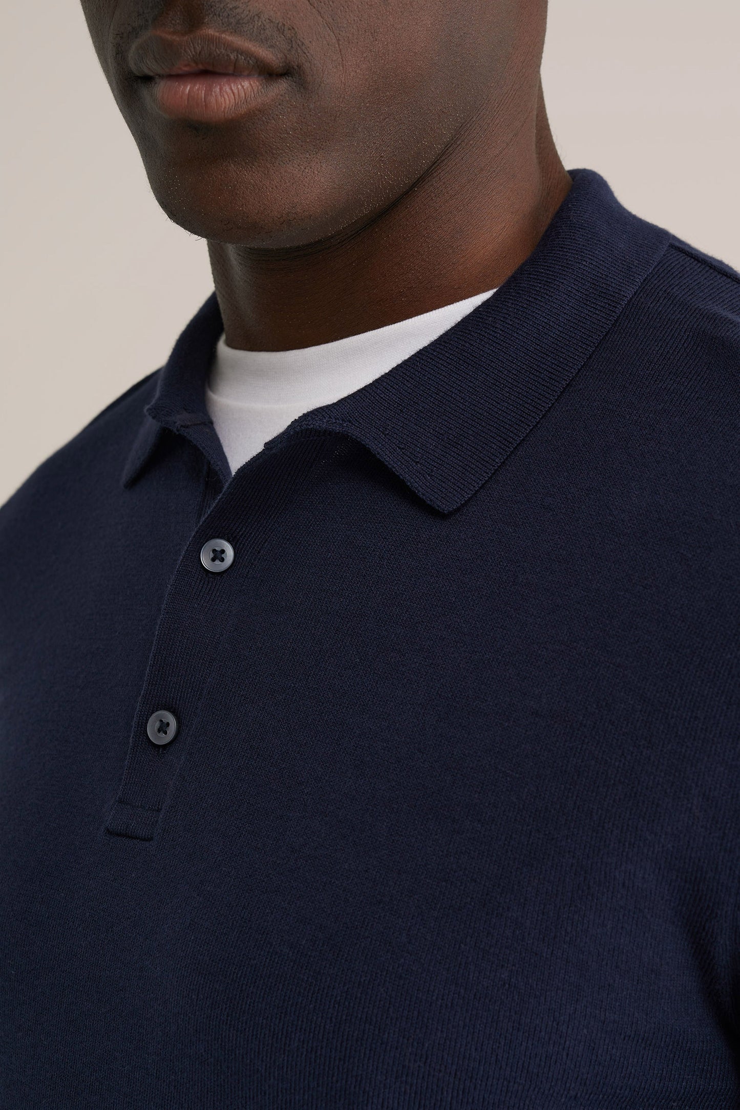 Long Sleeve Fine Knit Polo Shirt - Navy Blue