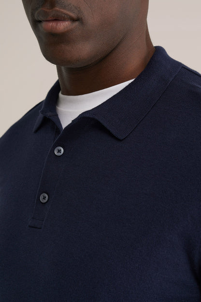 Long Sleeve Fine Knit Polo Shirt - Navy Blue