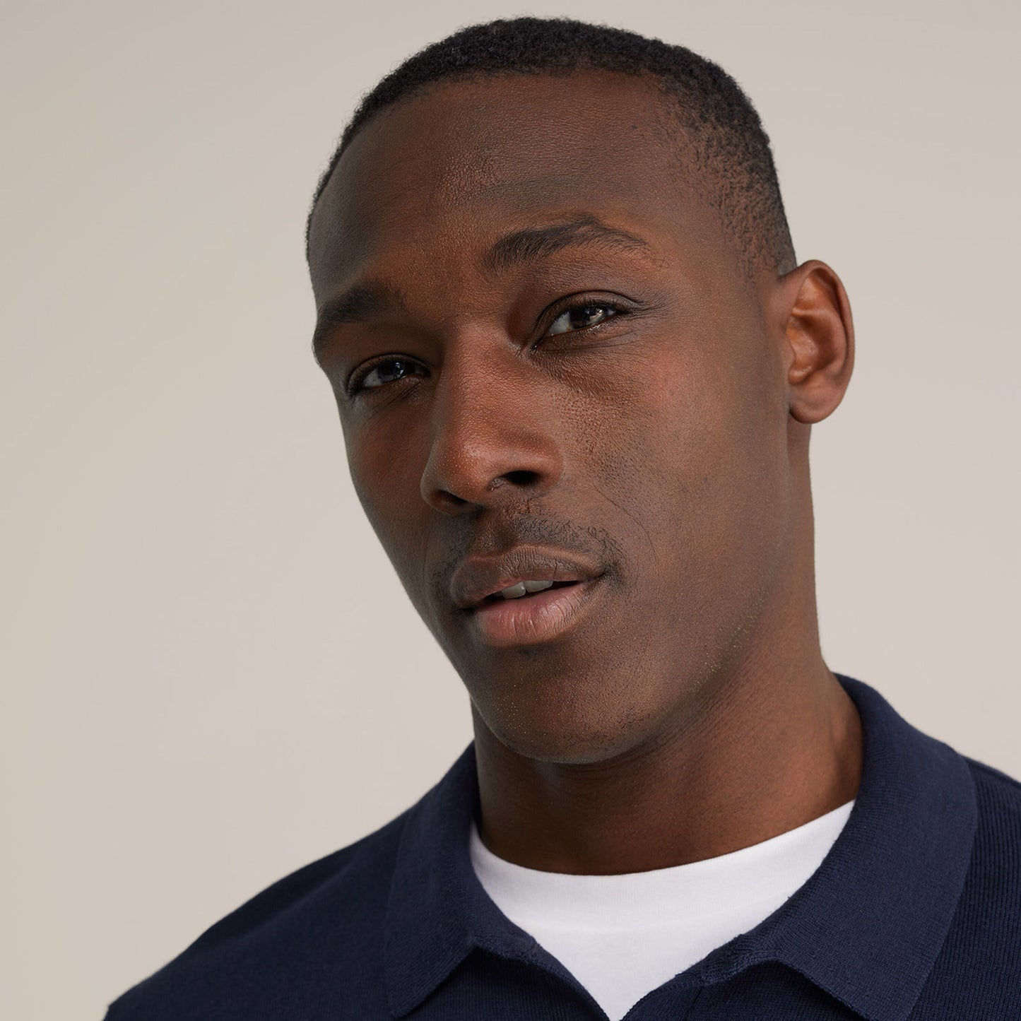 Long Sleeve Fine Knit Polo Shirt - Navy Blue