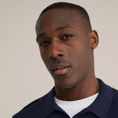 Long Sleeve Fine Knit Polo Shirt - Navy Blue