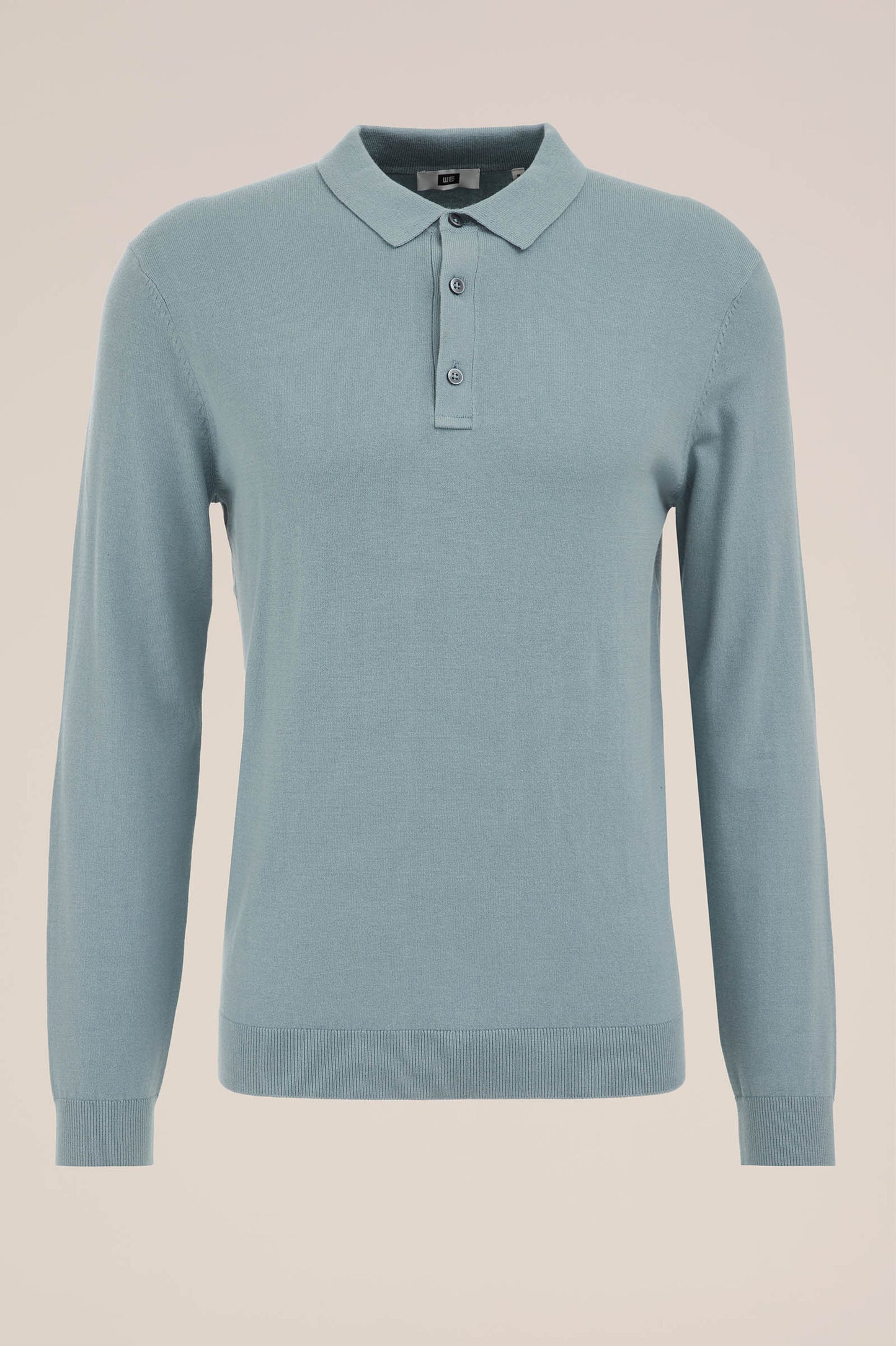 Long Sleeve Fine Knit Polo Shirt - Light Blue