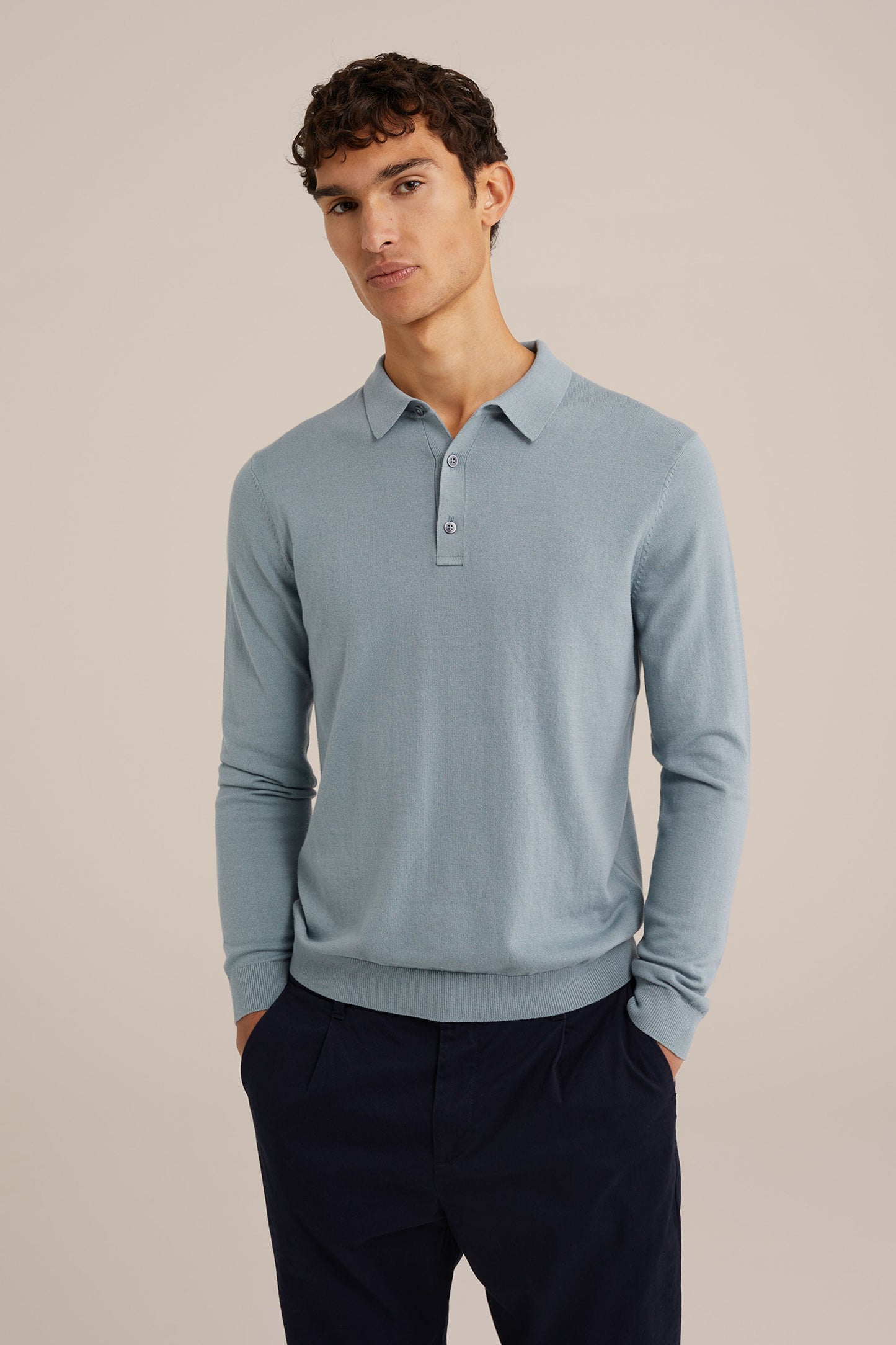 Long Sleeve Fine Knit Polo Shirt - Light Blue