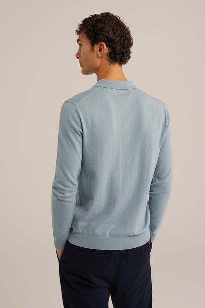 Long Sleeve Fine Knit Polo Shirt - Light Blue