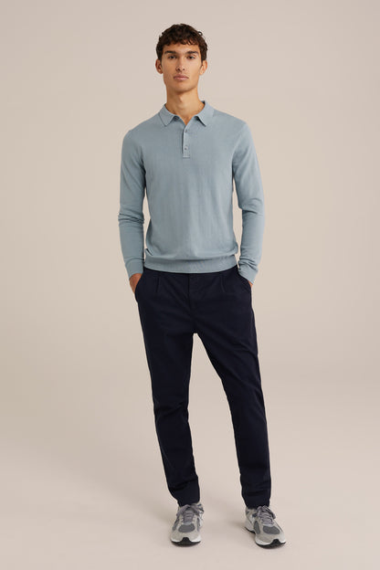 Long Sleeve Fine Knit Polo Shirt - Light Blue