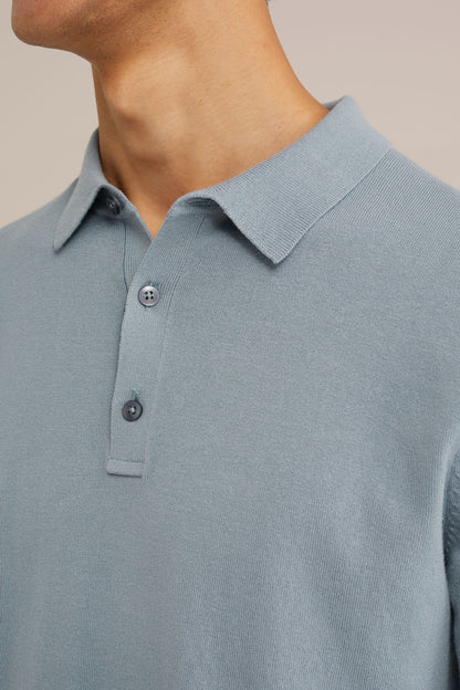 Long Sleeve Fine Knit Polo Shirt - Light Blue