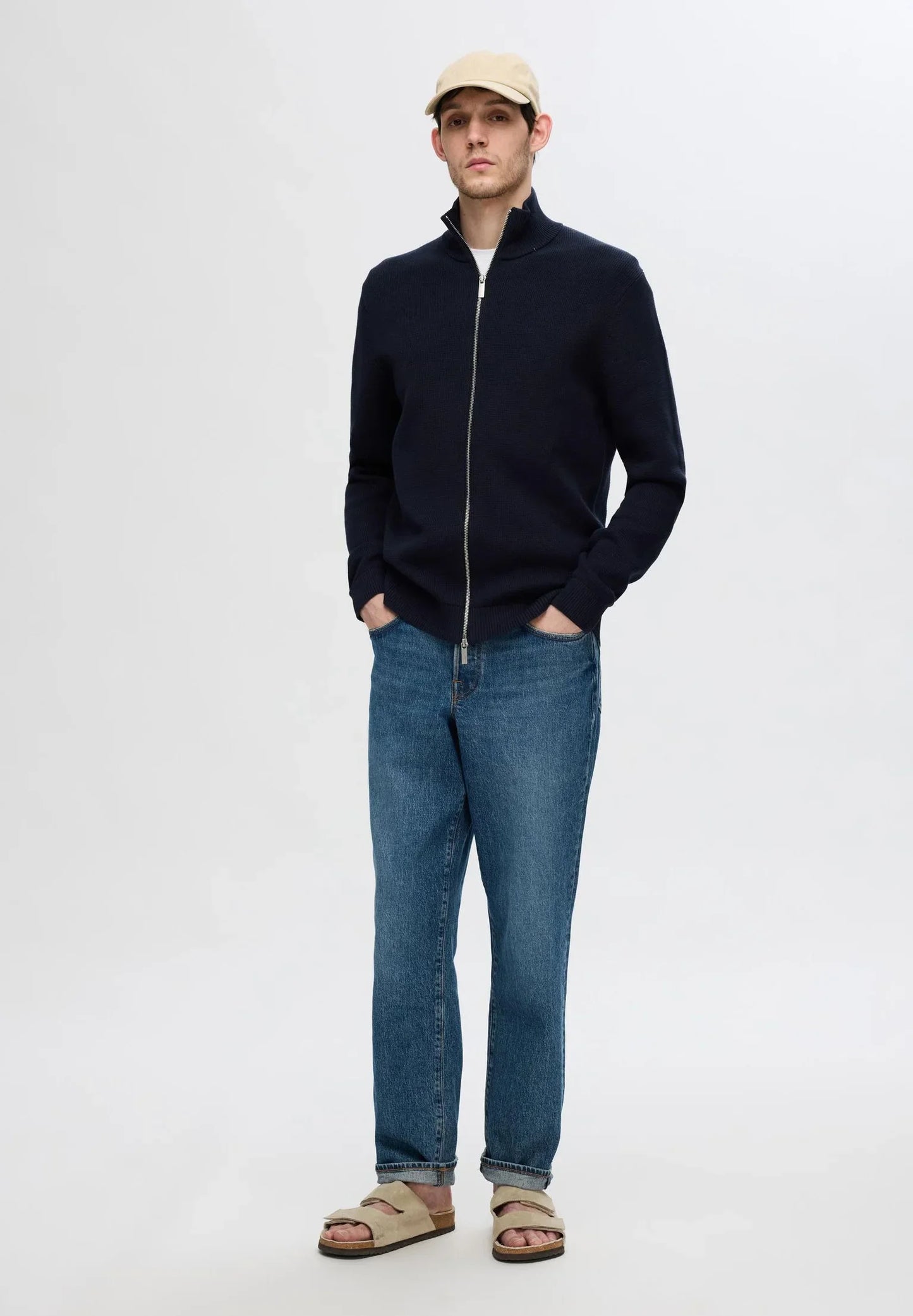 Comfort Cardigan with High Neck and Zip - Navy Blue