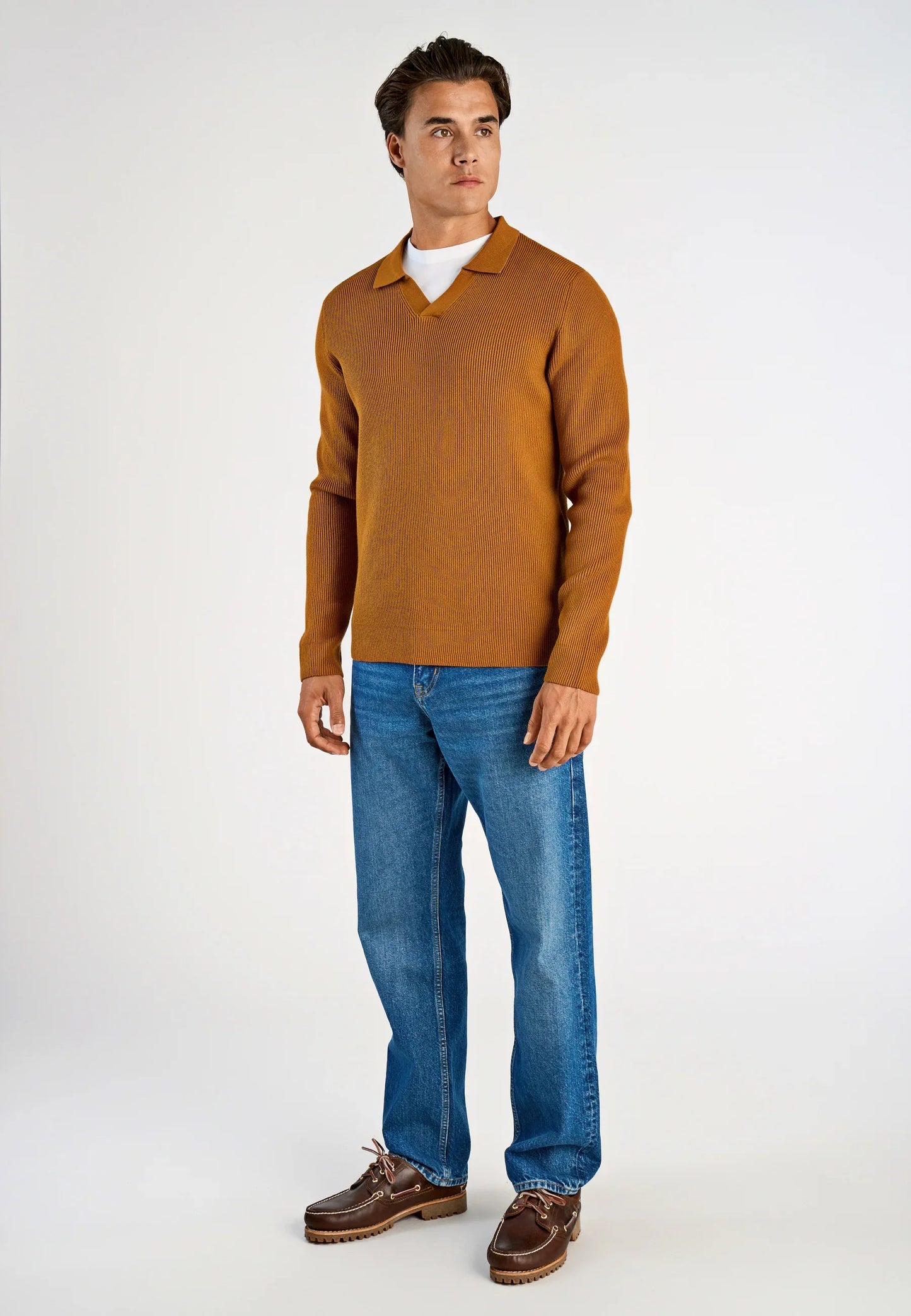 Men's Textured Long Sleeve Polo Shirt - Caramel
