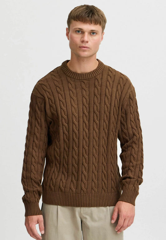 Textured Jumper with Round Neck - Brown