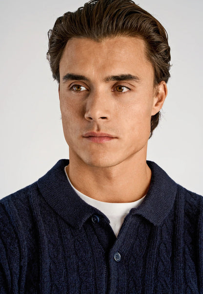 Men's Long Sleeve Knitted Polo Shirt - Navy Blue