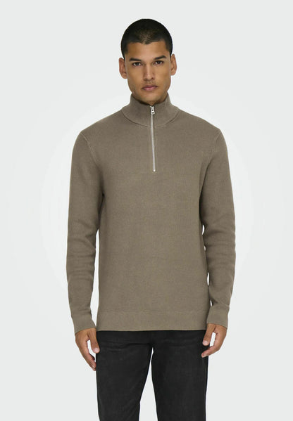 Textured Comfort Jumper with High Neck and Zip - Taupe
