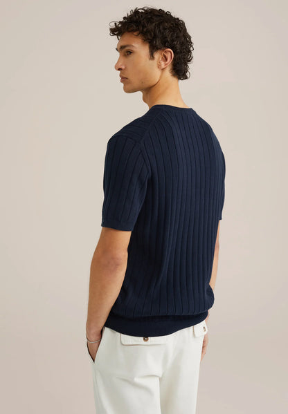 Striped Textured Cotton T-Shirt - Navy Blue