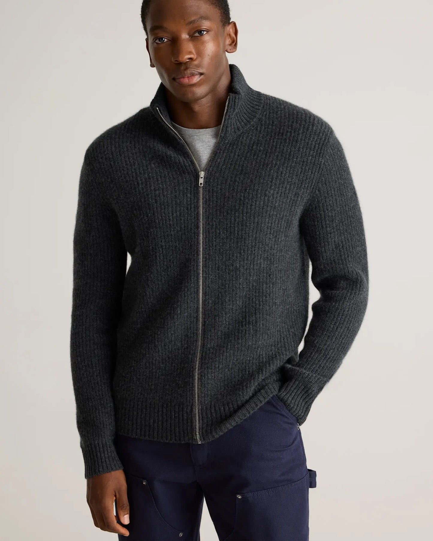 Men's 100% Cotton Jumper with Front Zip - Dark Grey