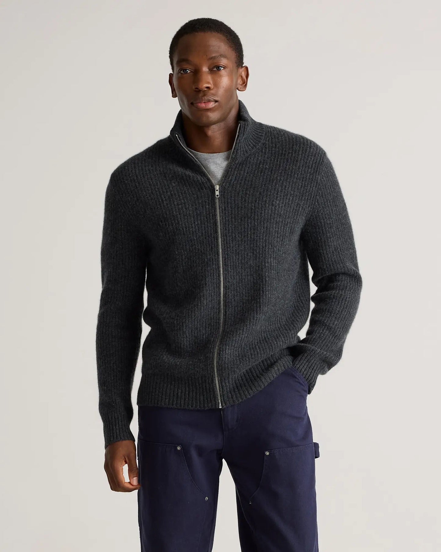 Men's 100% Cotton Jumper with Front Zip - Dark Grey