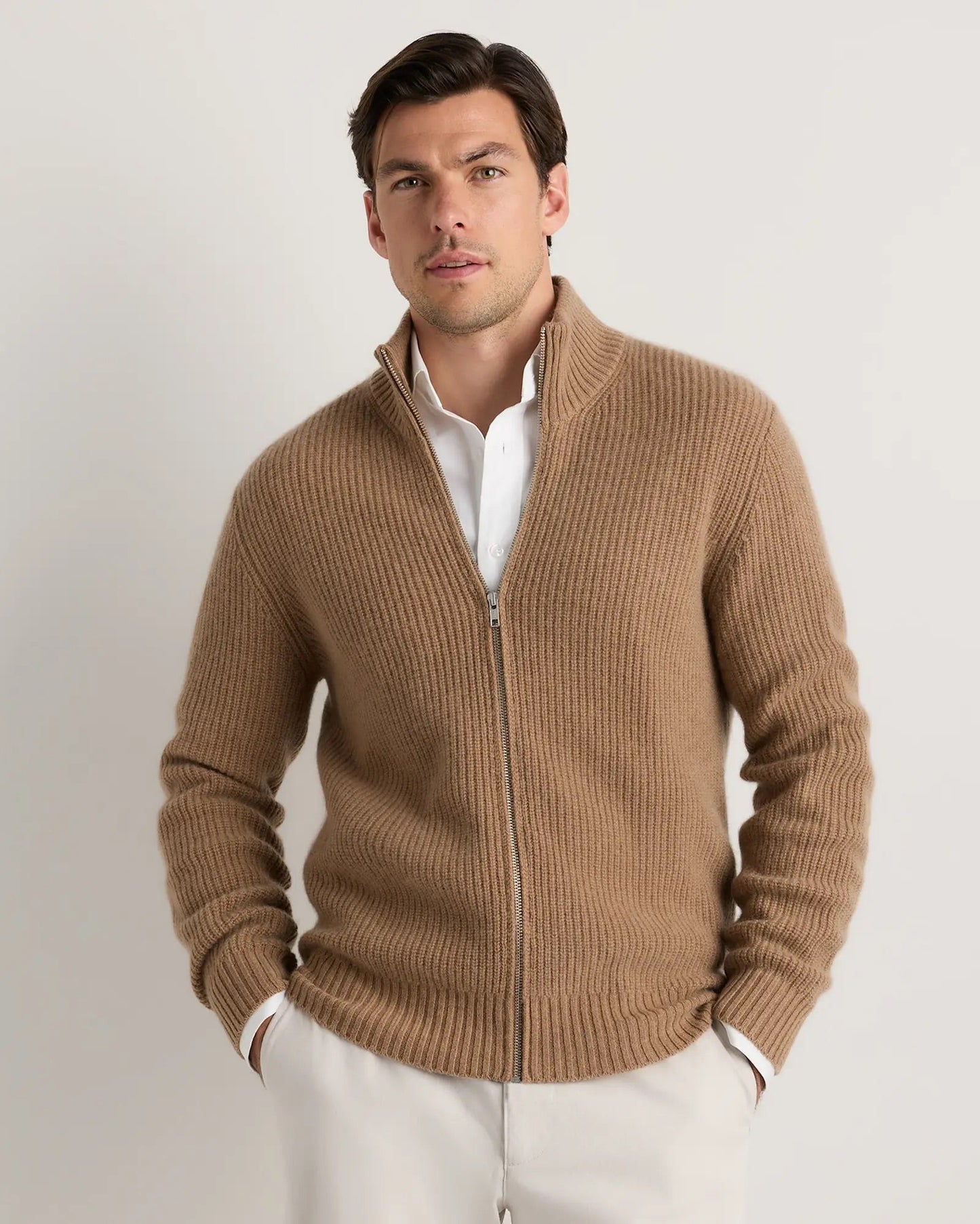 Men's 100% Cotton Jumper with Front Zipper - Beige