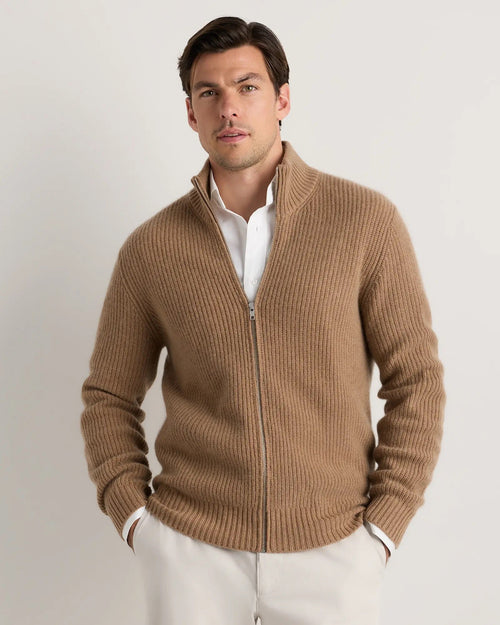 Men's 100% Cotton Jumper with Front Zipper - Beige