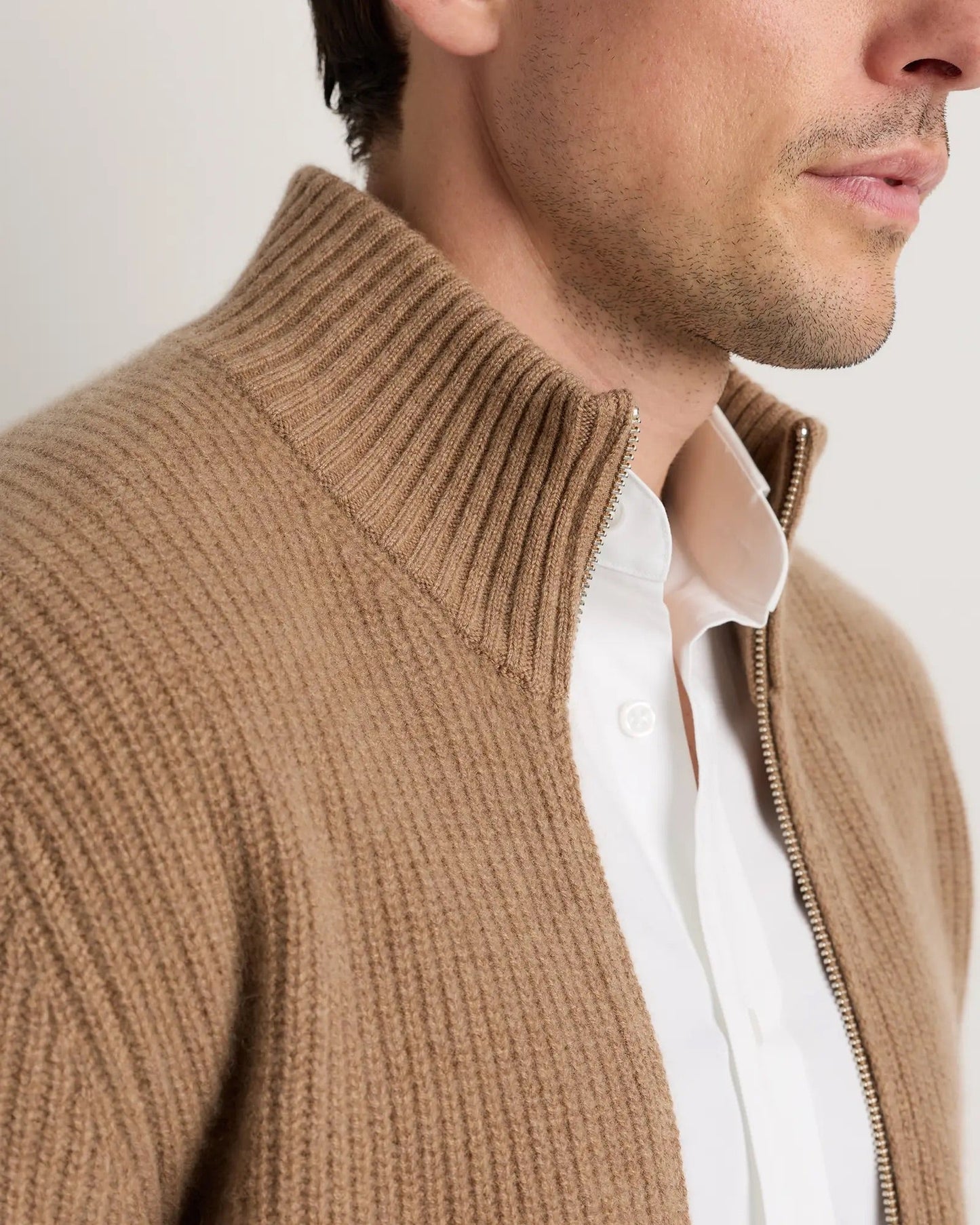 Men's 100% Cotton Jumper with Front Zipper - Beige