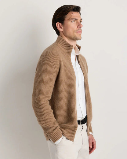 Men's 100% Cotton Jumper with Front Zipper - Beige