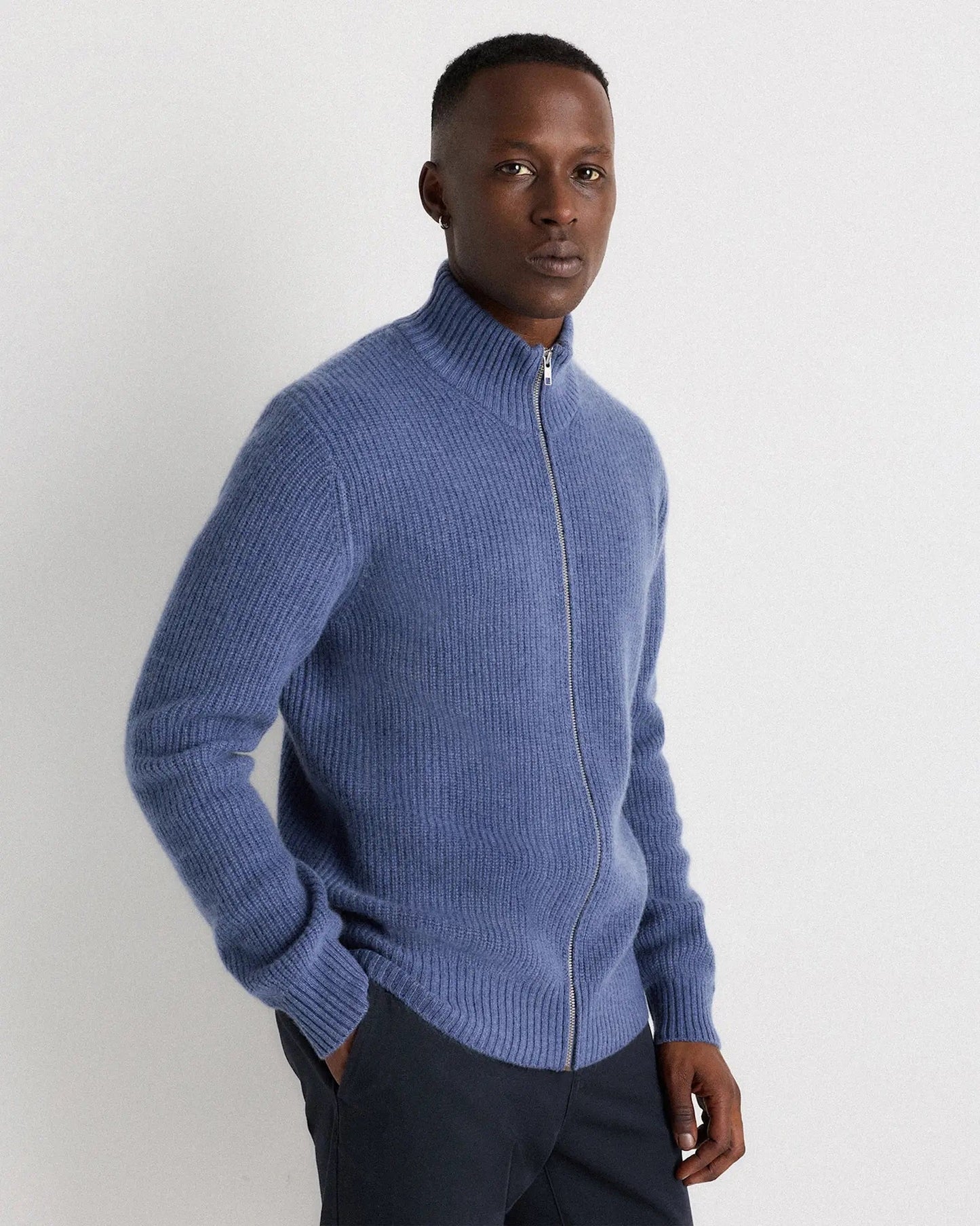 Men's 100% Cotton Jumper with Front Zipper - Blue