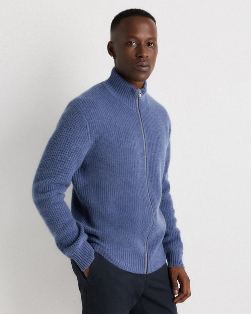 Men's 100% Cotton Jumper with Front Zipper - Blue