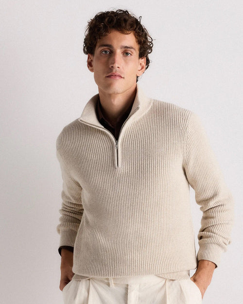 Ribbed Quarter Zip Jumper - Off White