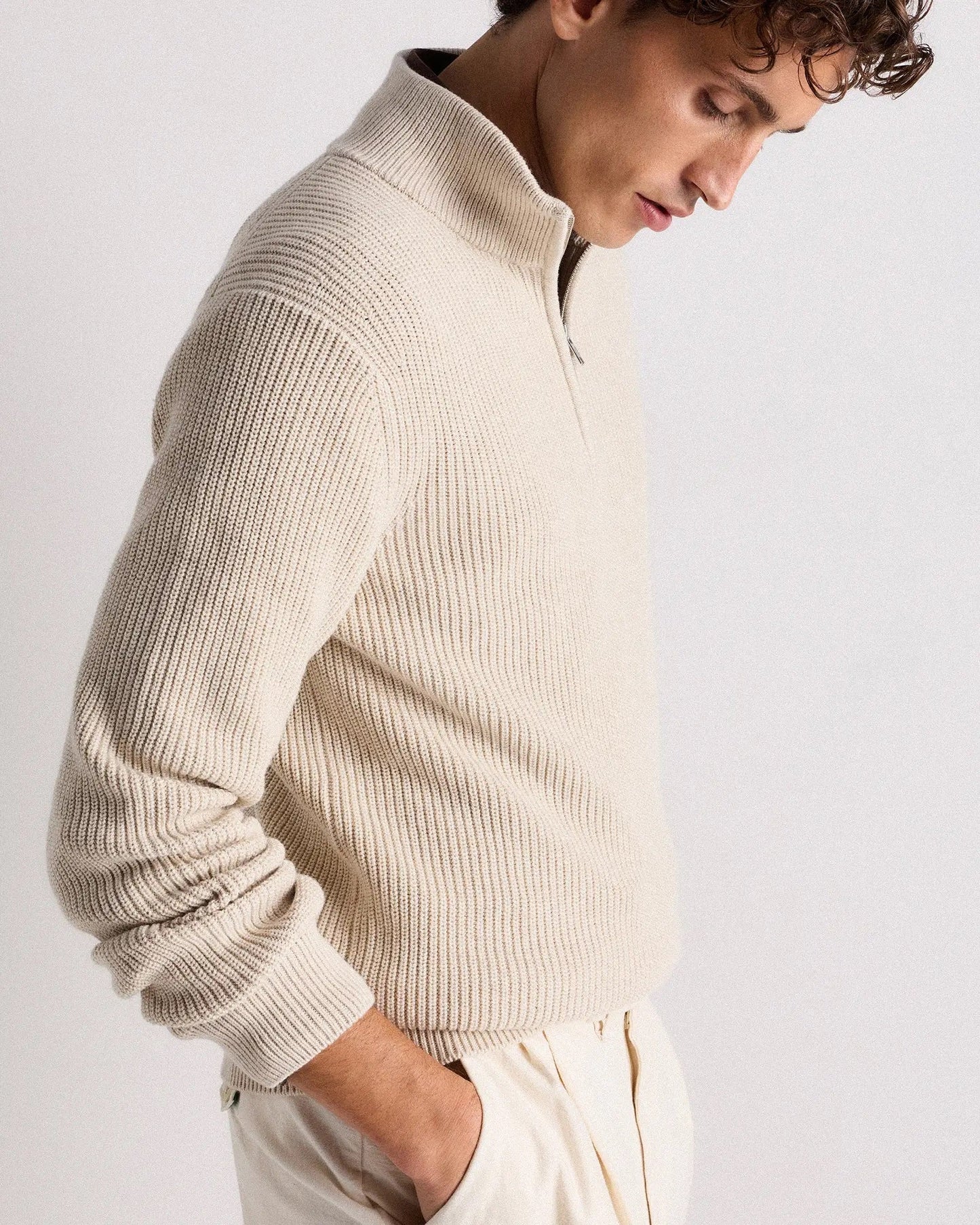 Ribbed Quarter Zip Jumper - Off White