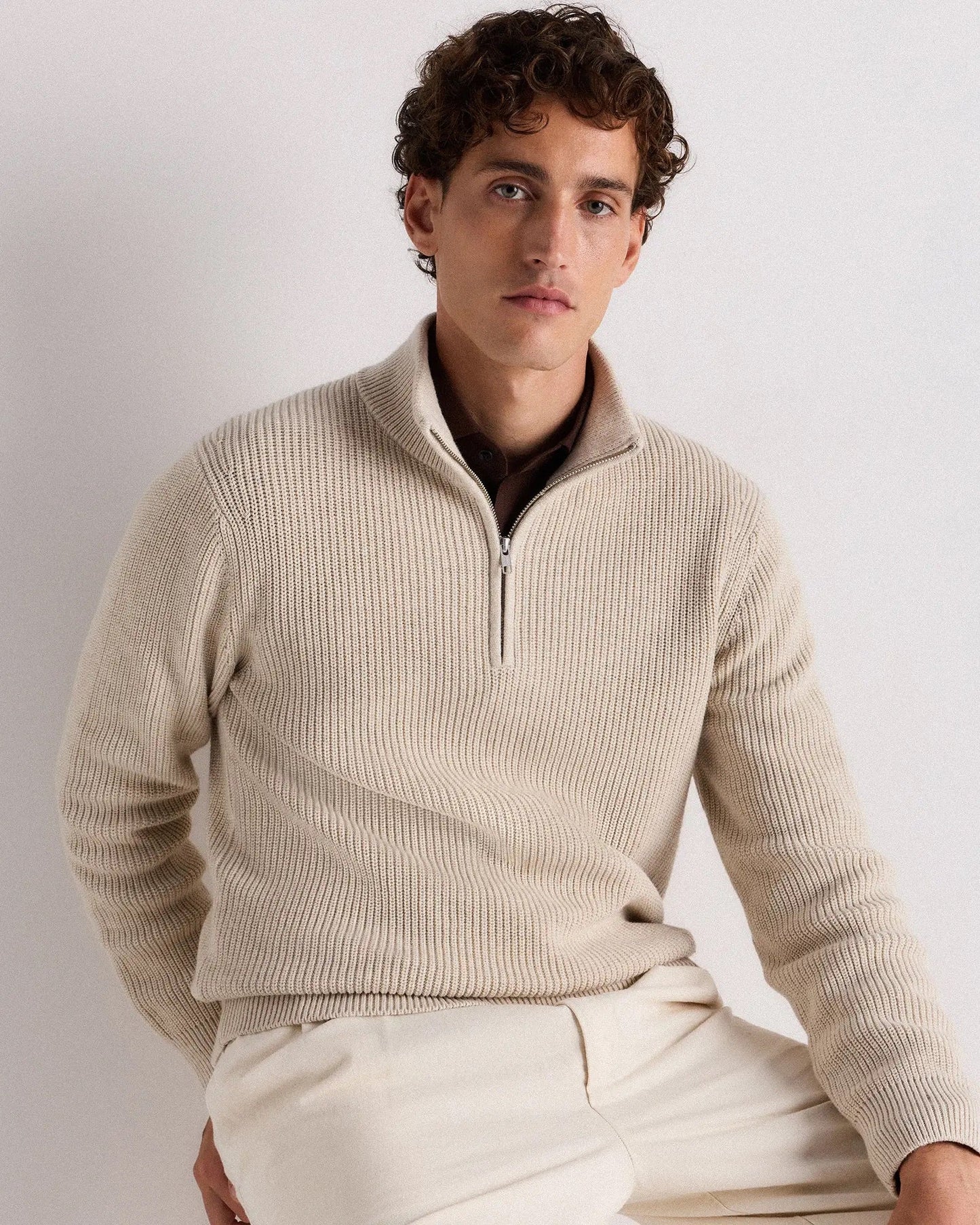 Ribbed Quarter Zip Jumper - Off White